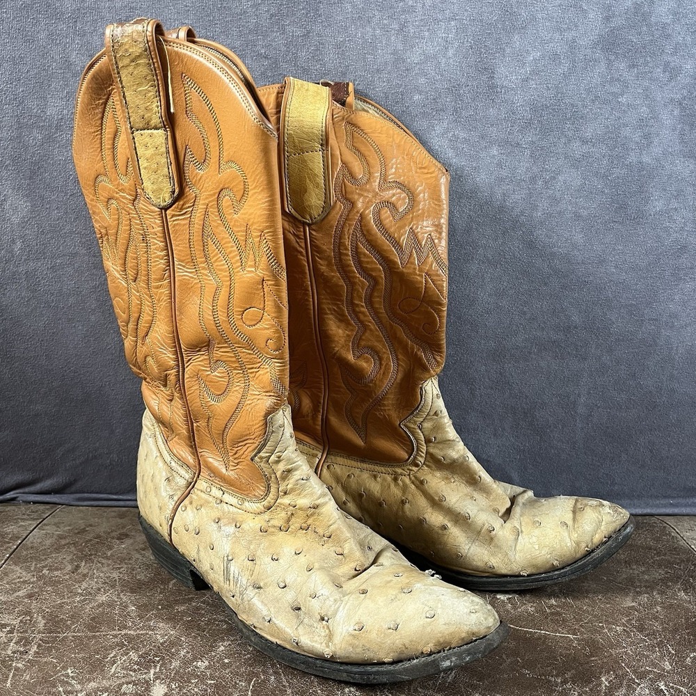 Bernini Ostrich Cowboy Boots Mens 9 Tan Cognac Exotic Leather Western Stitch